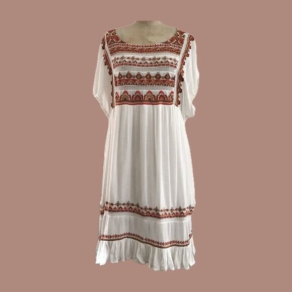 Free People Ivory Red Geometric Embroidered Boho SleevelessTunic Dress - M - Picture 1 of 10